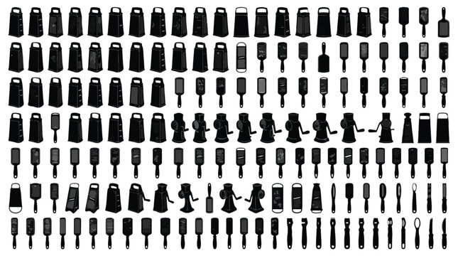 Vintage kitchen grater silhouettes, large collection of antique metal cheese graters, black vector icons of rustic culinary tools and shredders