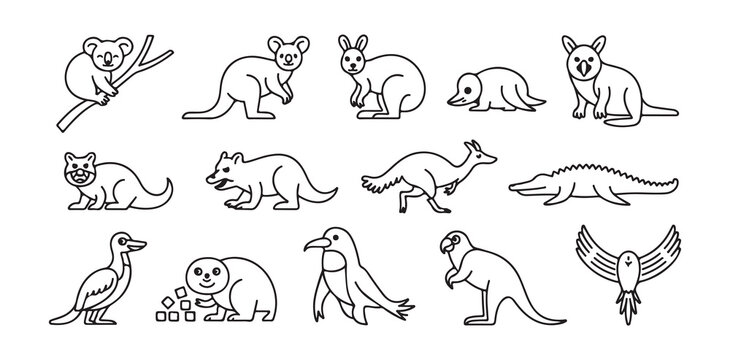 Australian Animal Line Art Icon Set - Koala, Kangaroo, and Wildlife Illustrations