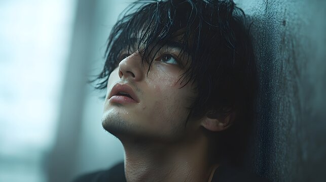 Close-up of a young man leaning against a wall, looking up with nervous expression, capturing tension and anticipation in an intimate portrait style, elegantly showcasing person.
