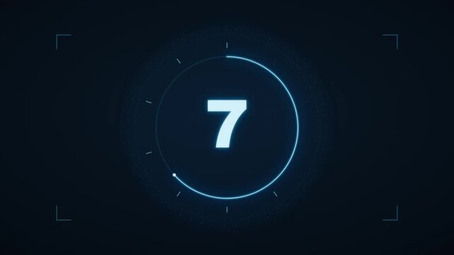 Futuristic digital countdown timer with glowing blue neon circle and HUD on dark screen