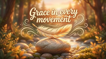 Inspirational feather on a stone with "Grace in every movement" text in a tranquil forest by a stream at sunrise