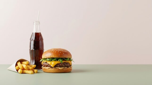 Appetizing Gourmet Cheeseburger With Crispy Golden French Fries And A Refreshing Cold Soda Drink Placed On A Minimalist Pastel Surface