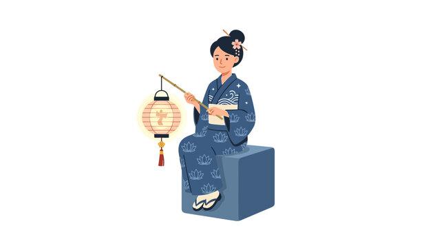 Woman in blue traditional floral robe holding glowing paper lantern illustration