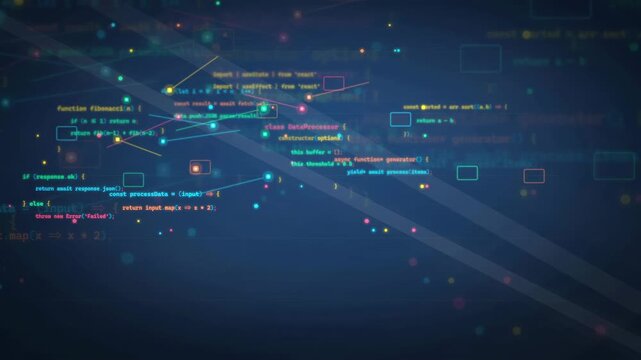 Abstract digital background with flowing computer code and data particles in deep blue space