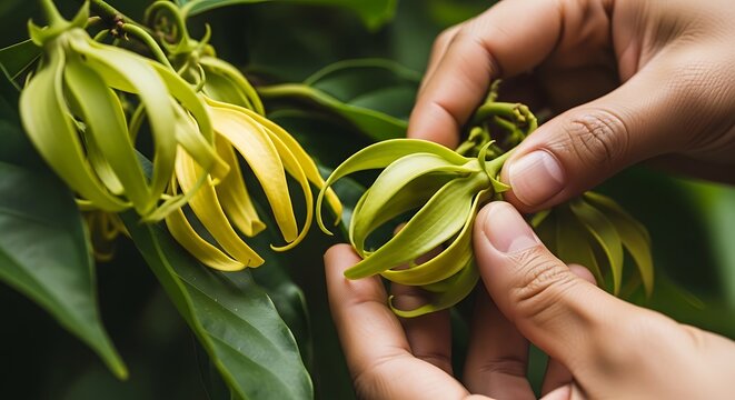 Hands harvesting fresh green string beans in garden.