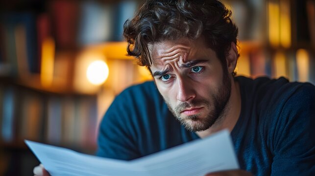 Close-up of a man with fearful expression holding a loan agreement under warm library lighting, conveying financial stress and burden. Professional setting with bookshelves background.