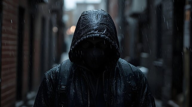 Close-up of a fearful person walking through a dark rainy alleyway with tension and mystery. Moody urban atmosphere, isolated figure, suspenseful vibe for thriller or crime genre visuals.