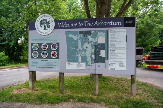 Welcome sign and map of the University of Guelph Arboretum. Guelph, Canada - July 17, 2026.