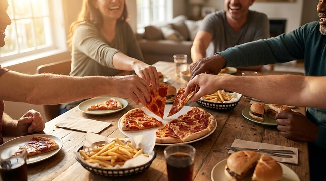 Group of happy friends sharing delicious pepperoni pizza during a dinner party at home