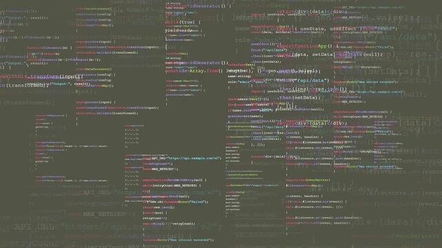 Scrolling computer code on a dark screen representing software development and programming process