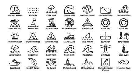 High Sea Wave Ocean Hazard Editable Line Icon Collection Vector Set © MDSHAHIN