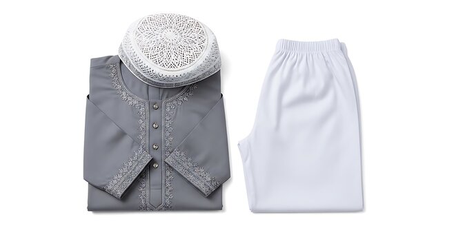 Elegant traditional kurta with matching cap and pants set displayed neatly.