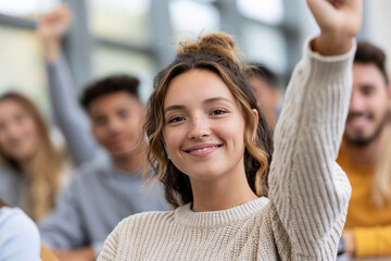Obraz premium Young woman smiles, raising hand in classroom. Group of students behind her shows engagement. Her expression conveys enthusiasm and confidence. Ideal for education, learning