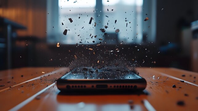 Close-up of shattered phone mid-air after being thrown across room in frustration, capturing emotional turmoil and chaotic aftermath. Focus on broken device and scattered fragments on wooden surface.