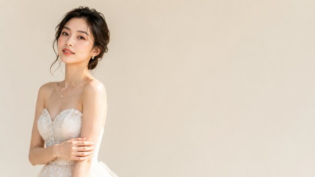 Elegant young Asian bride wearing a white lace wedding dress with natural makeup and glowing skin, smiling bridal portrait, luxury wedding fashion and bridal beauty 