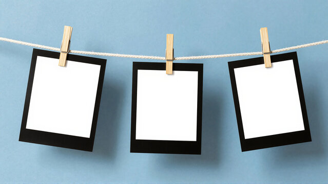 Blank photo frames hanging on a line, ready for your cherished memories