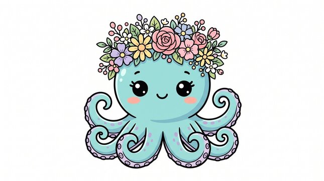 Adorable kawaii octopus illustration, cute sea creature with a vibrant floral crown, charming marine life character for children's designs, playful aquatic animal graphic.