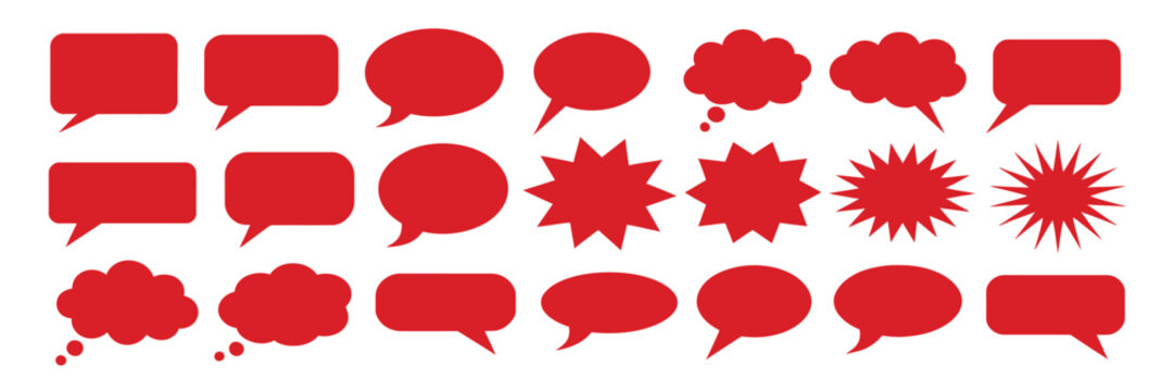 Red speech bubble vector set featuring comic chat boxes, thinking cloud shapes, editable communication for messaging, social media, branding, and print design.