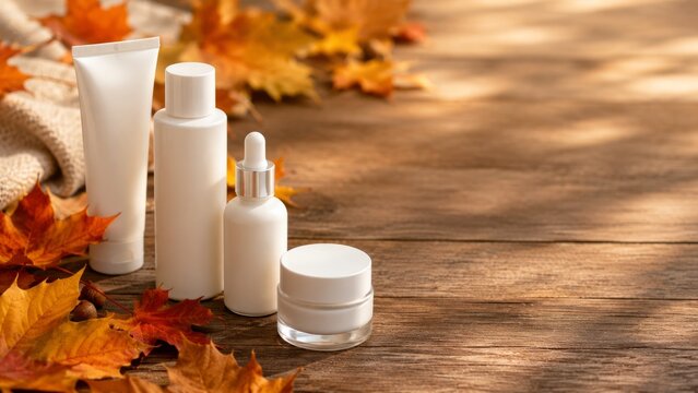 Autumn skincare cosmetic product mockup with serum bottle, moisturizer cream, lotion tube, and cosmetic containers on rustic wooden table with colorful fall leaves, seasonal beauty, wellness,
