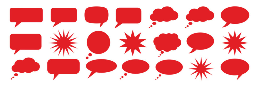 Red speech bubble vector set featuring comic chat boxes, thinking cloud shapes, editable communication for messaging, social media, branding, and print design.