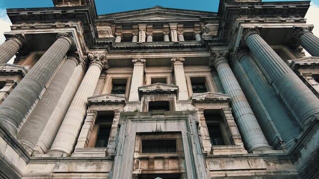 Low-Angle Cinematic View of an Impressive Neoclassical Building Facade