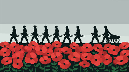 Fototapeta premium Silhouette figures of soldiers with rifles marching over a field of poppies