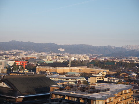 Panoramic winter view of Okazaki and Higashiyama area with Heian Jingu torii gate in Kyoto