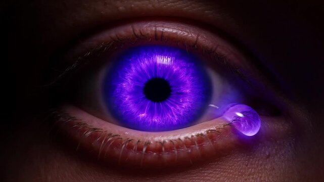 Close up of a human eye with glowing purple iris and a single tear falling.
