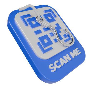QR Code Phishing Scam Concept with Fish Hook on Scan Me Signboard, 3D Render