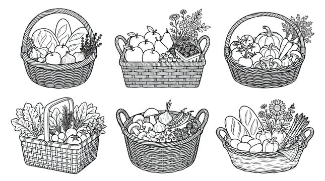 Vintage hand drawn wicker baskets with fresh farm food, rustic harvest basket set with vegetables and bread, 6 engraved picnic hamper vector icons