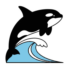 Naklejka premium Minimalist orca icon jumping over a stylized wave in a clean flat silhouette side profile isolated on white marine wildlife nature concept
