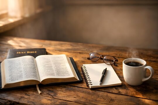 holy bible study workspace with notebook coffee and eyeglasses