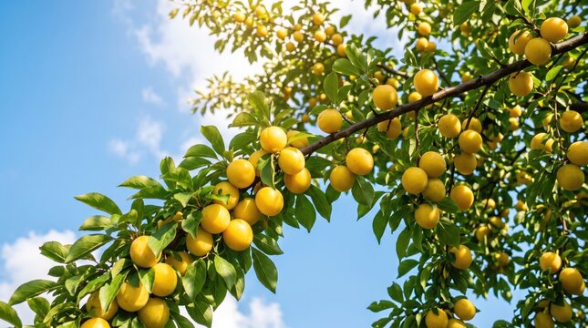"Ripe mirabelle plums on branch against bright blue sky summer harvest scene"