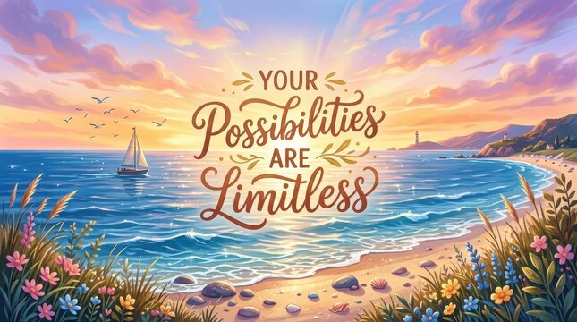 Inspirational message "Your Possibilities Are Limitless" over a beautiful ocean sunset with a sailboat and beach, promoting hope and freedom