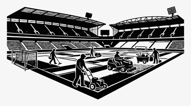 Workers maintaining large empty stadium field at night.
