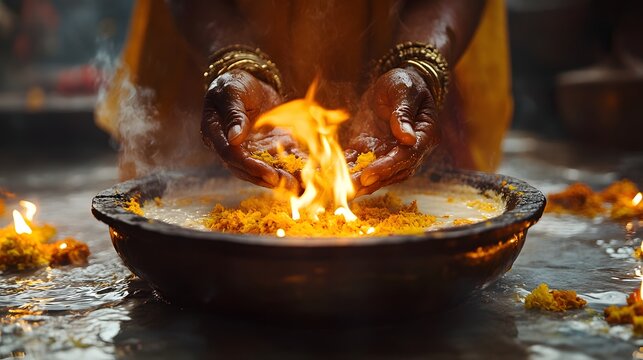 Close-up of hands performing sacred ritual over burning flame in ceremonial bowl, capturing spiritual devotion and cultural tradition with warm lighting and symbolic elements.
