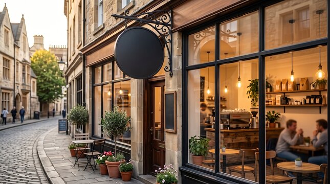 Charming exterior facade of a traditional coffee shop on a cobblestone street