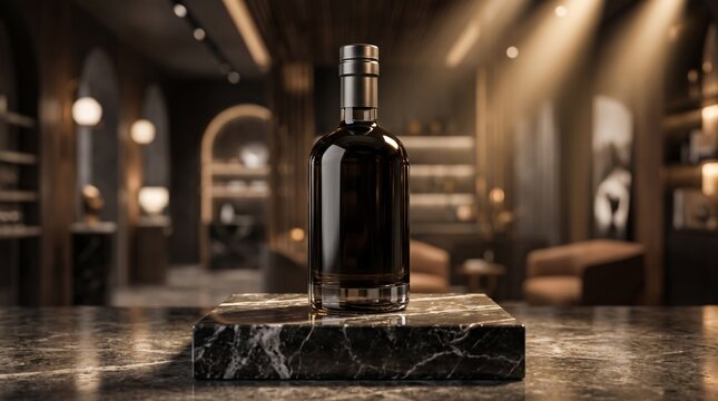 Dark glass liquor bottle on marble podium in high-end bar with interior