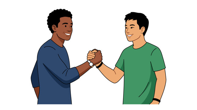Diverse friendship handshake between two men expressing unity and mutual respect in a friendly gesture with different backgrounds smiling hands symbolizing friendship