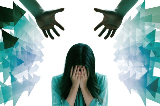 Distressed female hiding face, white background, hands near head, multiple transparent arrows from both sides. Ideal for stress, doubt, and judgment themes.