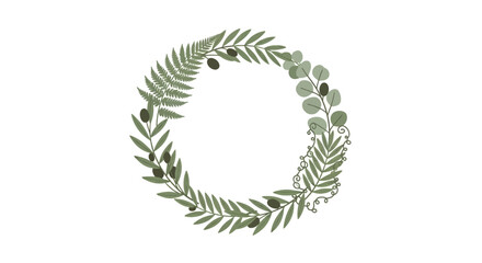 Circular botanical wreath with eucalyptus olive and fern leaves © Hotmanparis