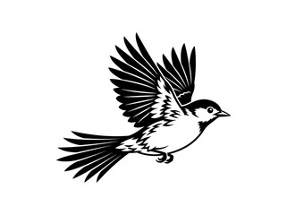 Stylized Flying Bird Vector Illustration, Black and White Chickadee or Sparrow Silhouette Graphic © melda