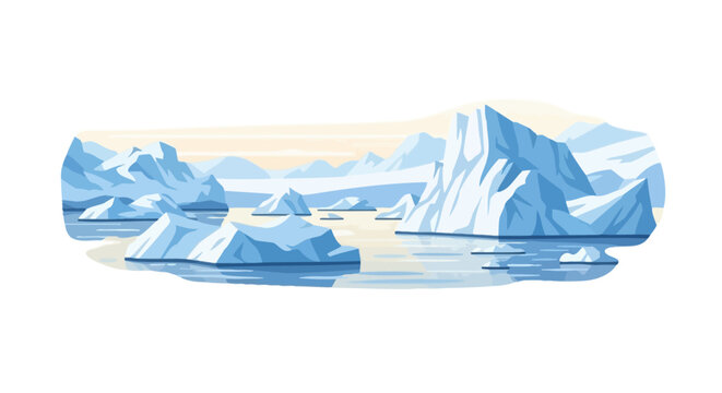 Panoramic view of blue icebergs in the arctic ocean