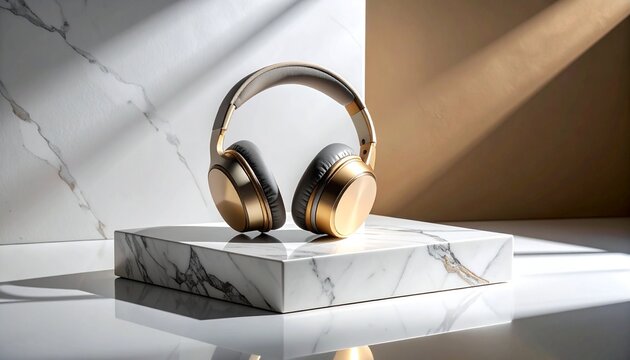 Elegant Gold Headphones on Marble Display - A Luxurious Audio Experience.
