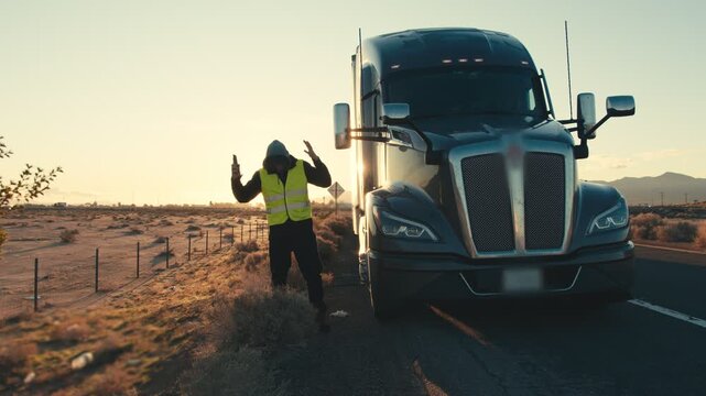 Frustrated and mad truck driver calling for help on a desert highway at sunset