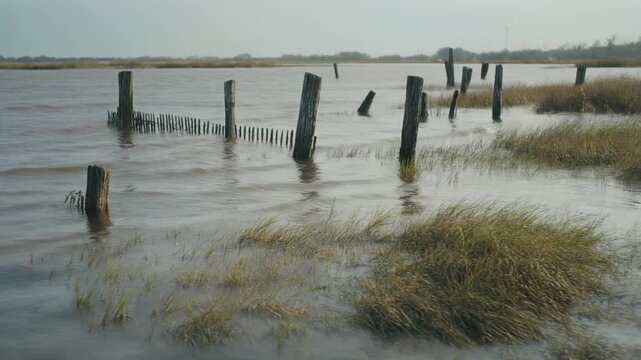 Natural coastal flooding in a peaceful salt marsh illustrating sea level rise, climate change, wetland conservation, and environmental sustainability.