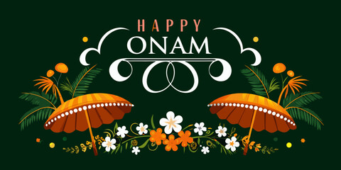 Floral ornament with onam greeting and tropical leaves vector illustration © Subarna
