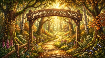 Obraz premium Enchanting forest path with wooden archway sign 'Journey with an open heart' and dappled sunlight