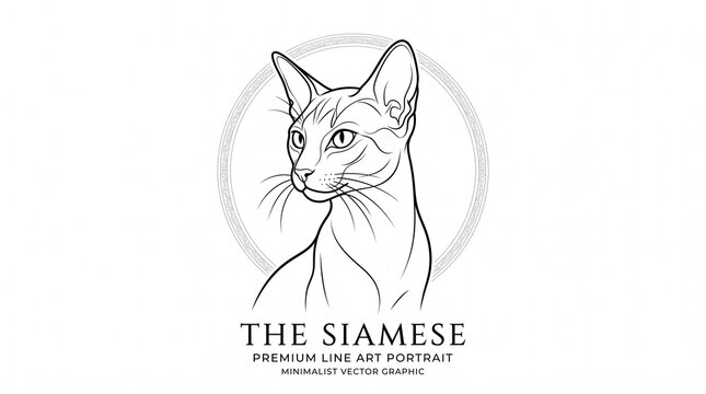Siamese cat line art portrait illustration. Minimalist feline vector drawing with elegant ink strokes and decorative circle frame.