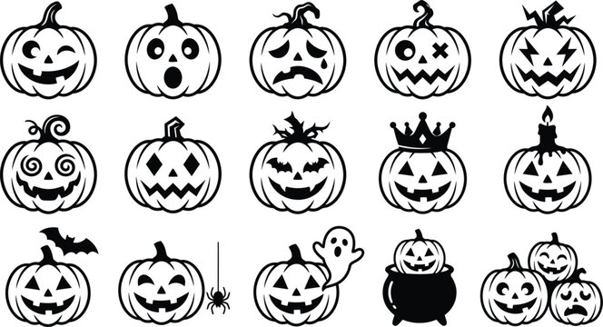 Set of Halloween pumpkin icons featuring various spooky expressions, ghosts, and bats in flat black style